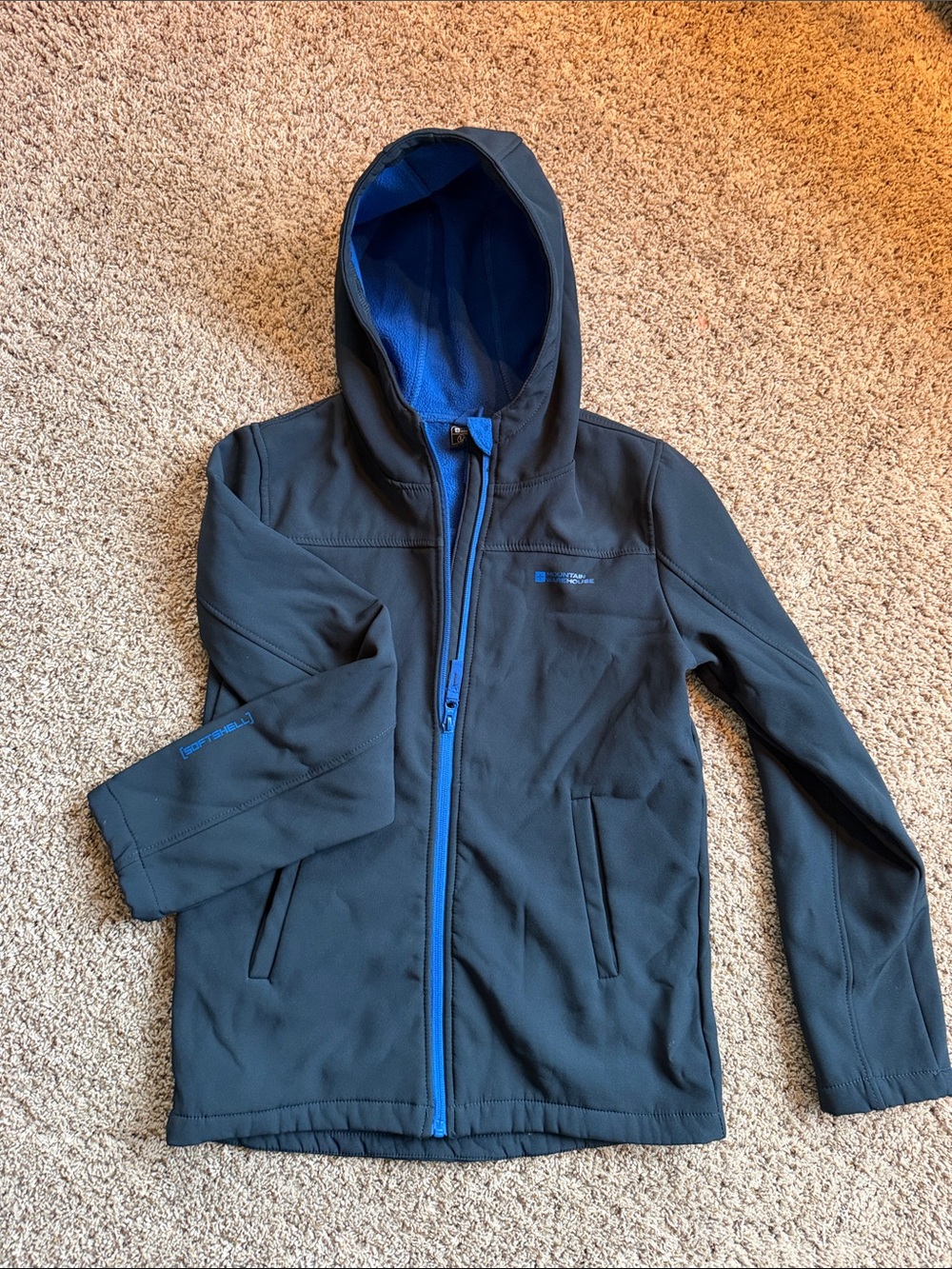 Kids Black Hooded Softshell Jacket with Blue Trim